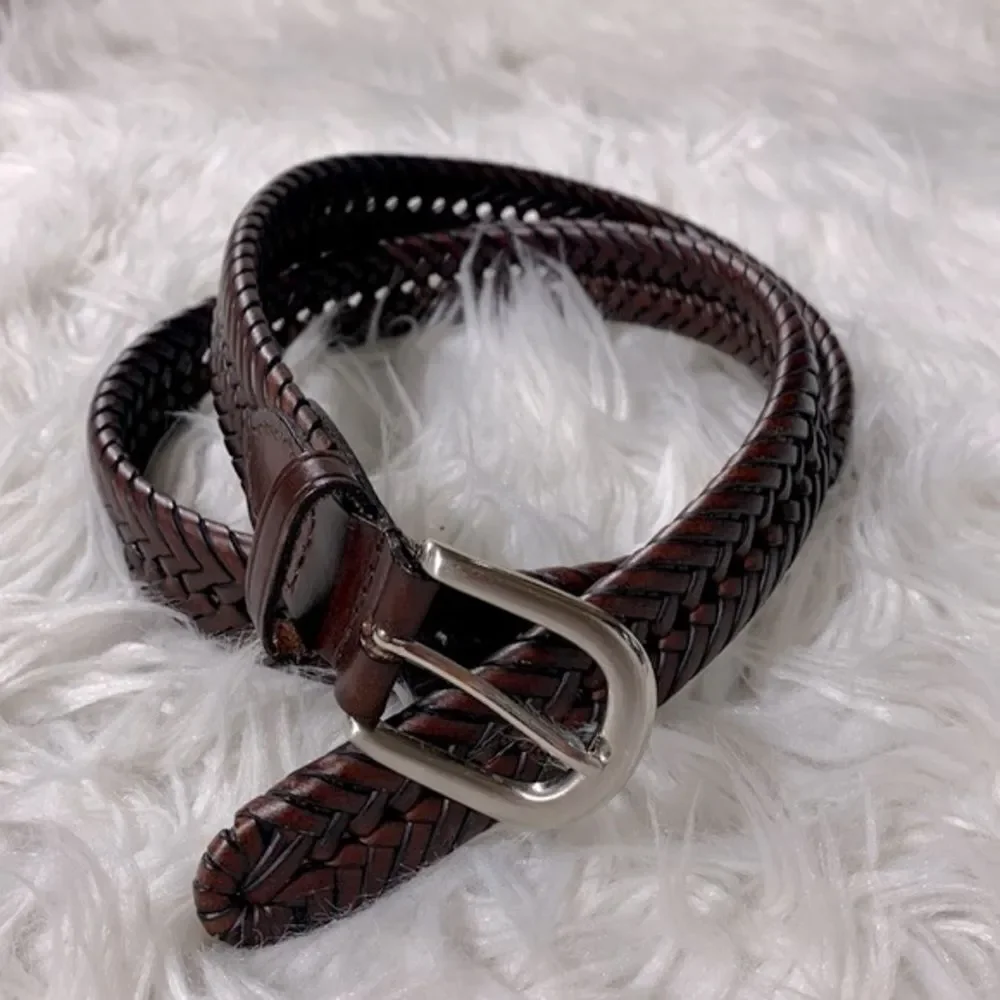 LEATHER belt woven silvertone buckle unisex  size 38/95